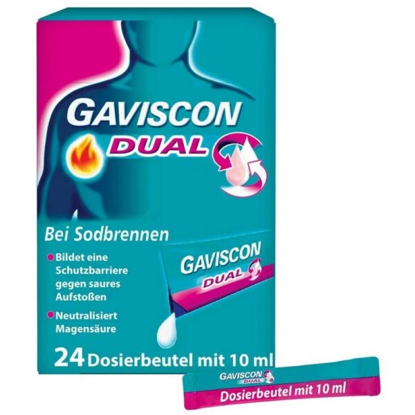 Gaviscon Dual is used for increased stomach acidity and reflux disease.